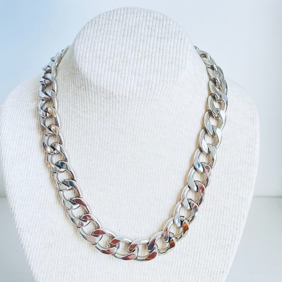 Silver Tone Necklace Chunky Curb Chain - Picture 1 of 7
